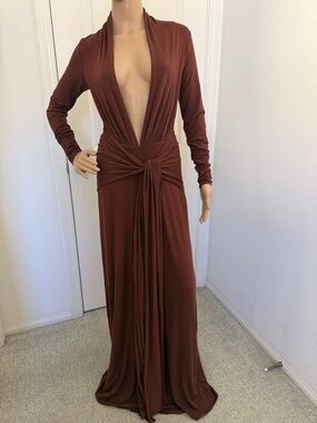 Naked Wardrobe Deep V-Neck Long Sleeve Maxi Dress in Chocolate Brown or